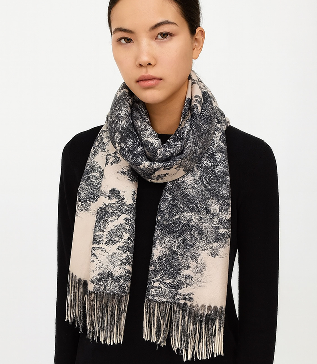 Dámská šála s květinovým motivem a střapci elegantní