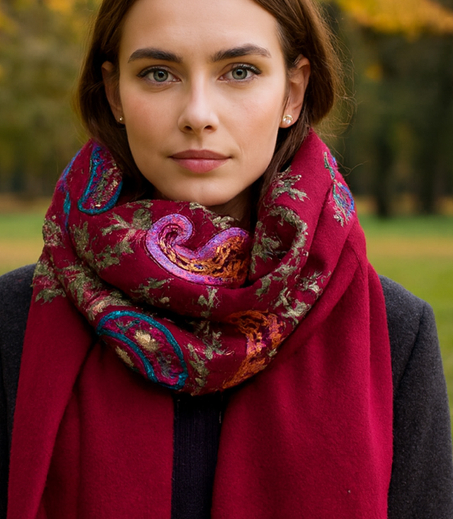 Dámský šátek s vyšívaným vzorem a střapci