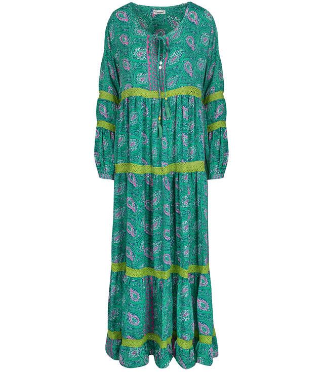 Dlouhé vzdušné etnické šaty s barevnými vzory, hedvábí MILANO