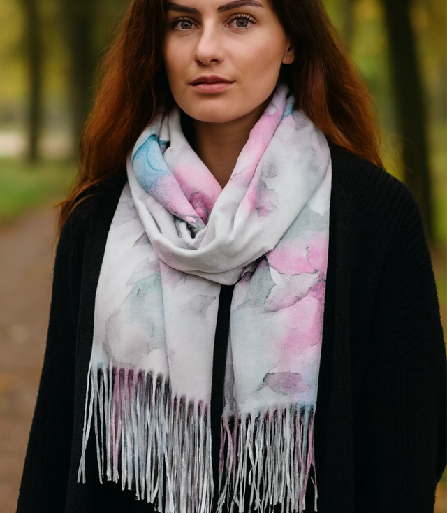 Dámská šála s květinovým motivem a střapci elegantní