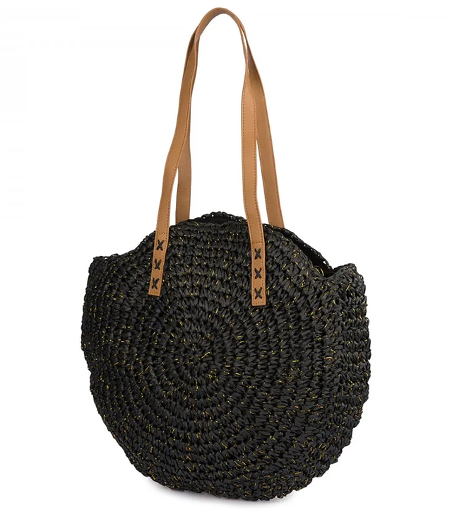 Kulatá pletená boho kabelka s nápisem "Bohème"