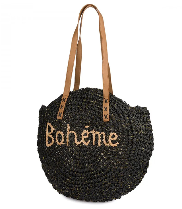 Kulatá pletená boho kabelka s nápisem "Bohème"