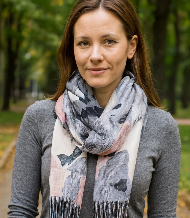 Dámská šála s květinovým motivem a střapci elegantní