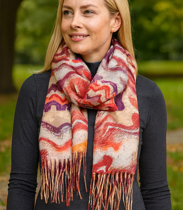 Dámská šála se střapci s geometrickým motivem