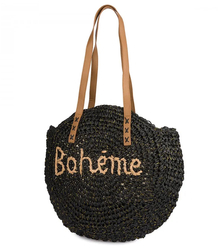 Kulatá pletená boho kabelka s nápisem "Bohème"