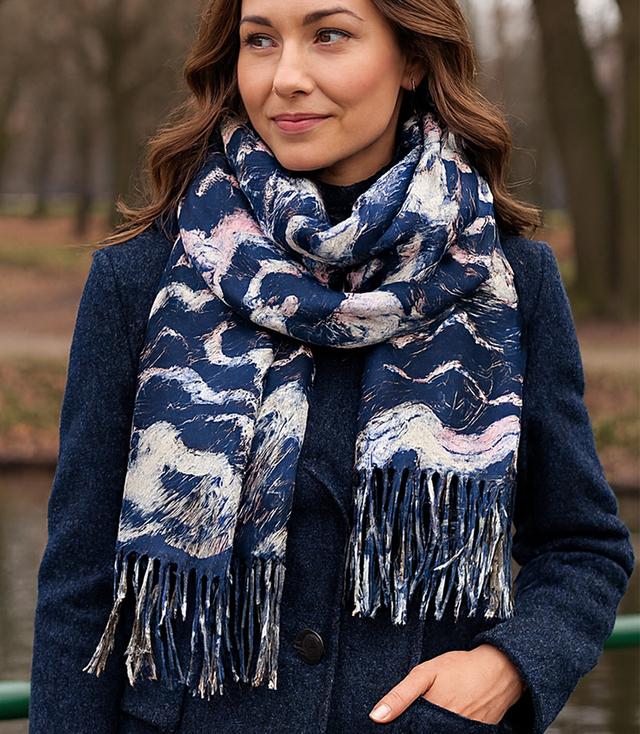 Dámská šála se střapci s geometrickým motivem