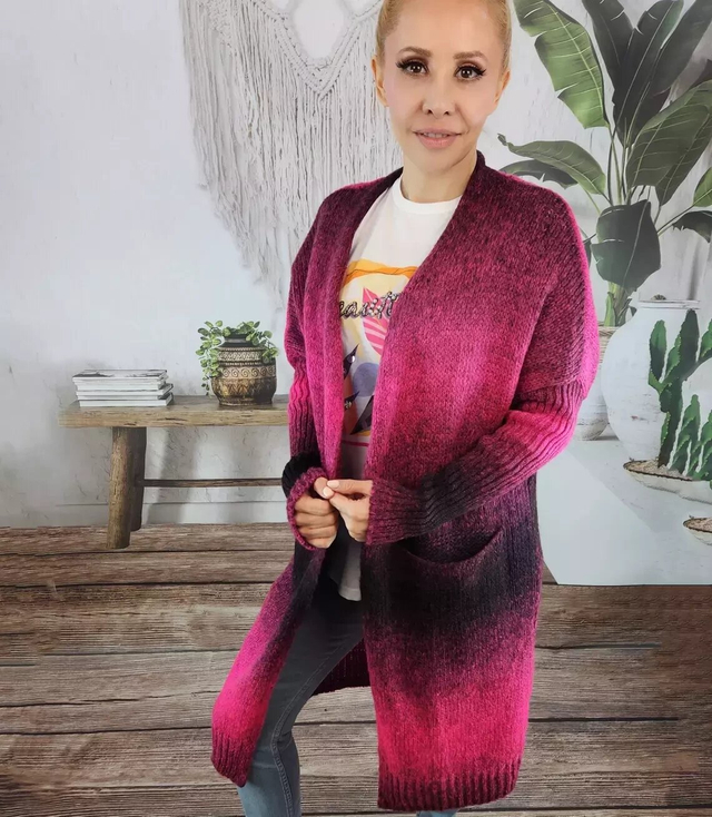 Kardigan dlouhý hrubý svetr ombre barevný