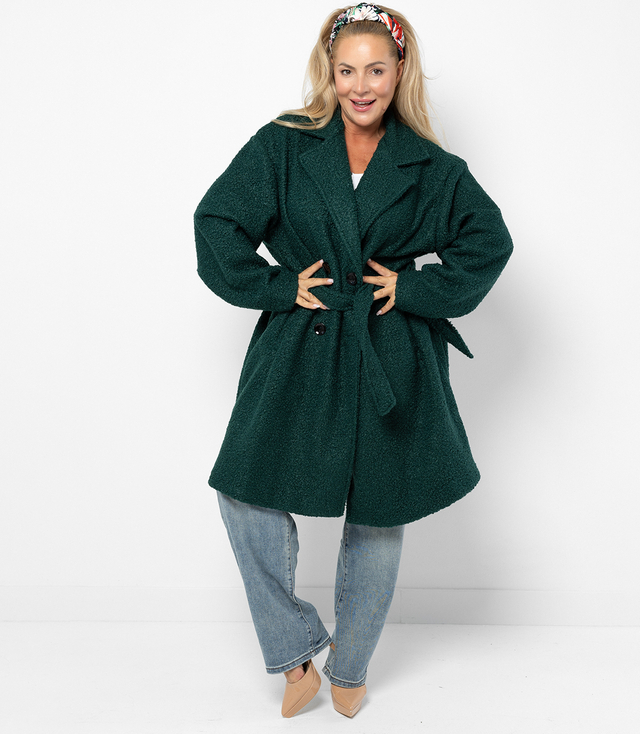 TEDDY dámský kabát z boucle tkaniny s medvědem