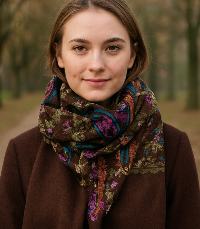 Dámský šátek s vyšívaným vzorem a střapci