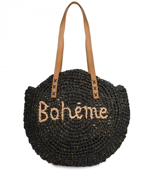 Kulatá pletená boho kabelka s nápisem "Bohème"