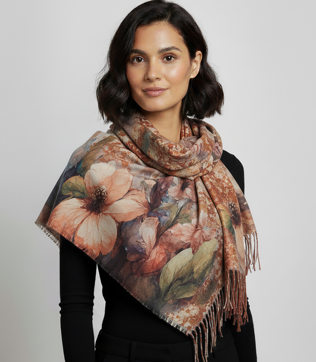 Elegantní velká květinová šála se střapci