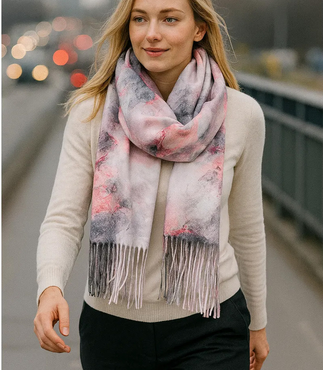 Dámská šála s květinovým motivem a střapci elegantní