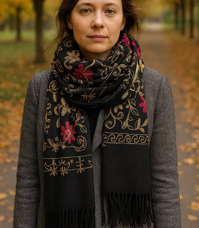 Dámský folklórní šátek s květinovým motivem a střapci