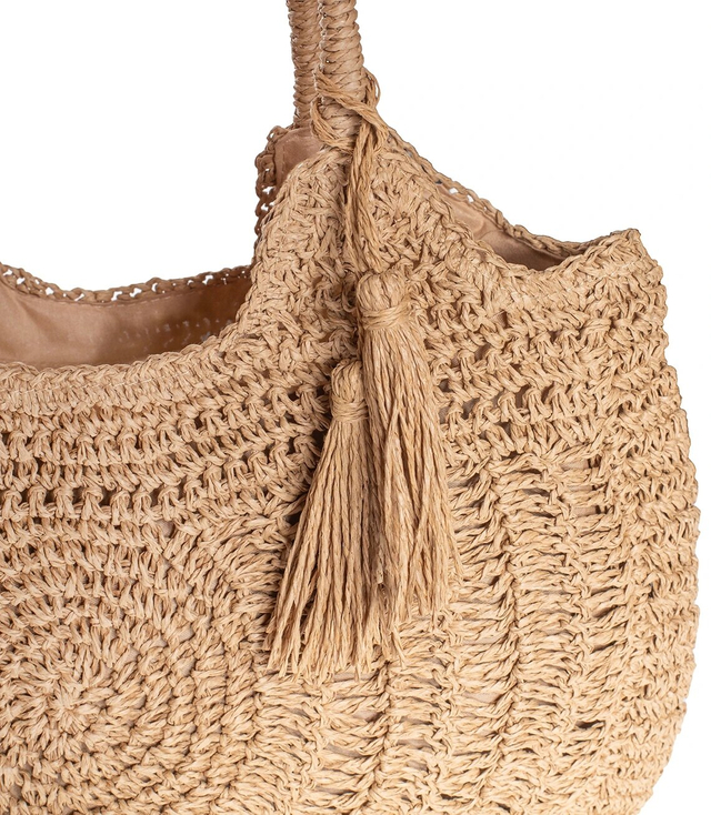 Velká kulatá plážová taška ze slámy, celotkaná