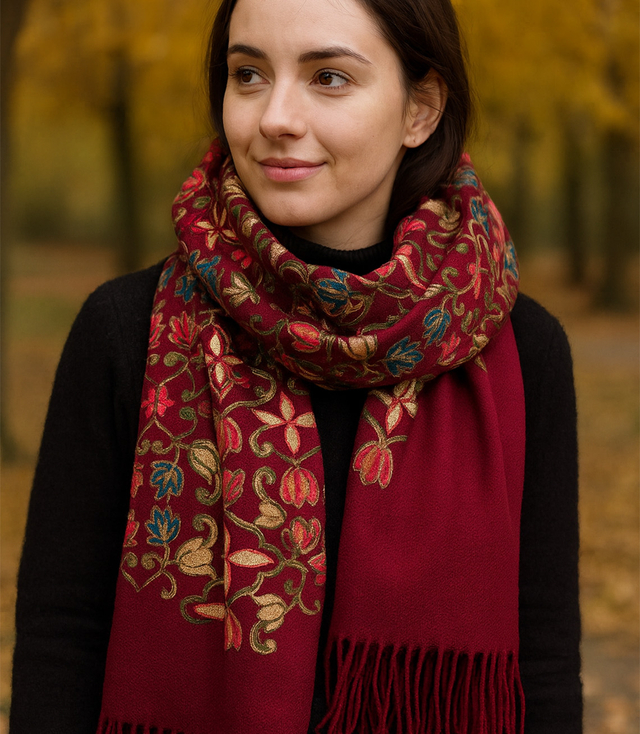 Dámský šátek s vyšívaným vzorem a střapci