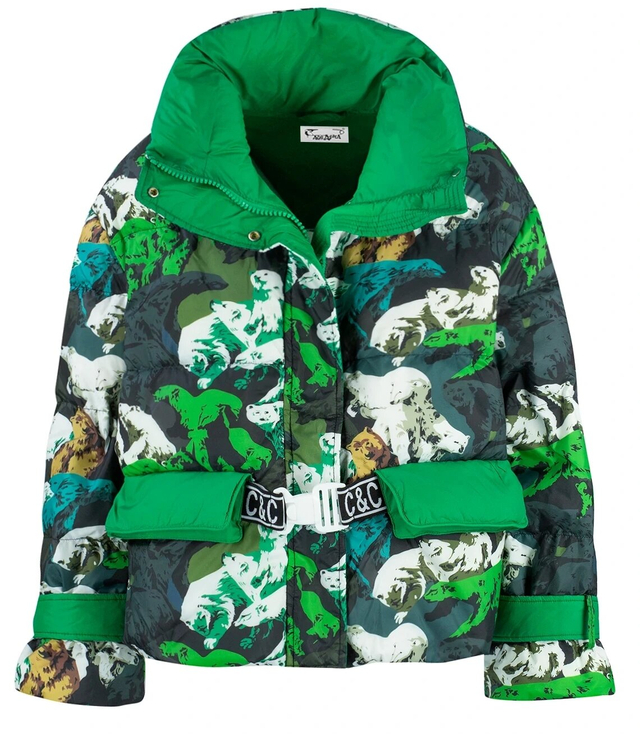 Krátká zelená péřová bunda se vzorem medvěda ELZA