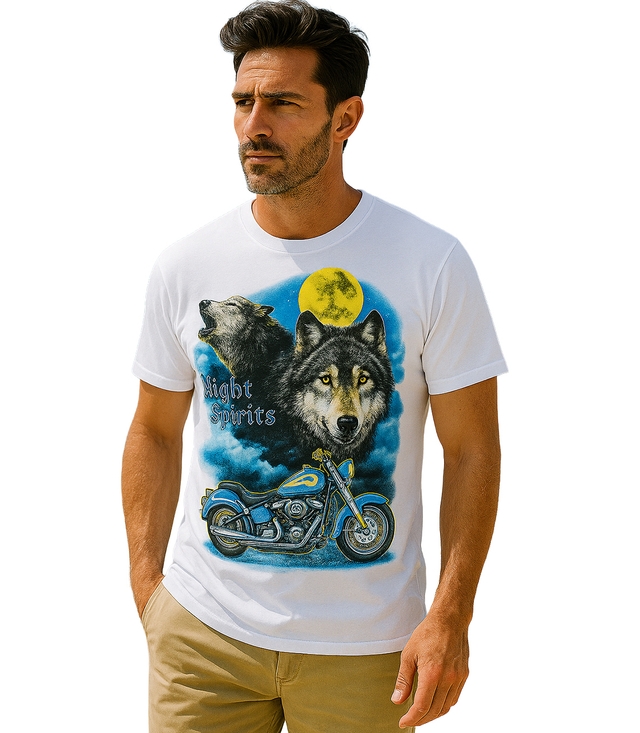 Pánské tričko Night Spirits s potiskem vlků a motocyklu