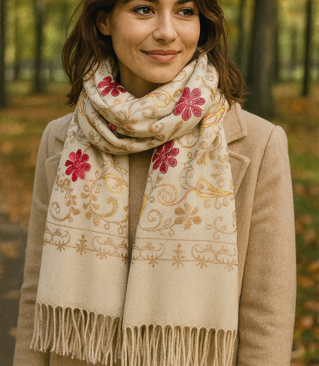 Dámský folklórní šátek s květinovým motivem a střapci